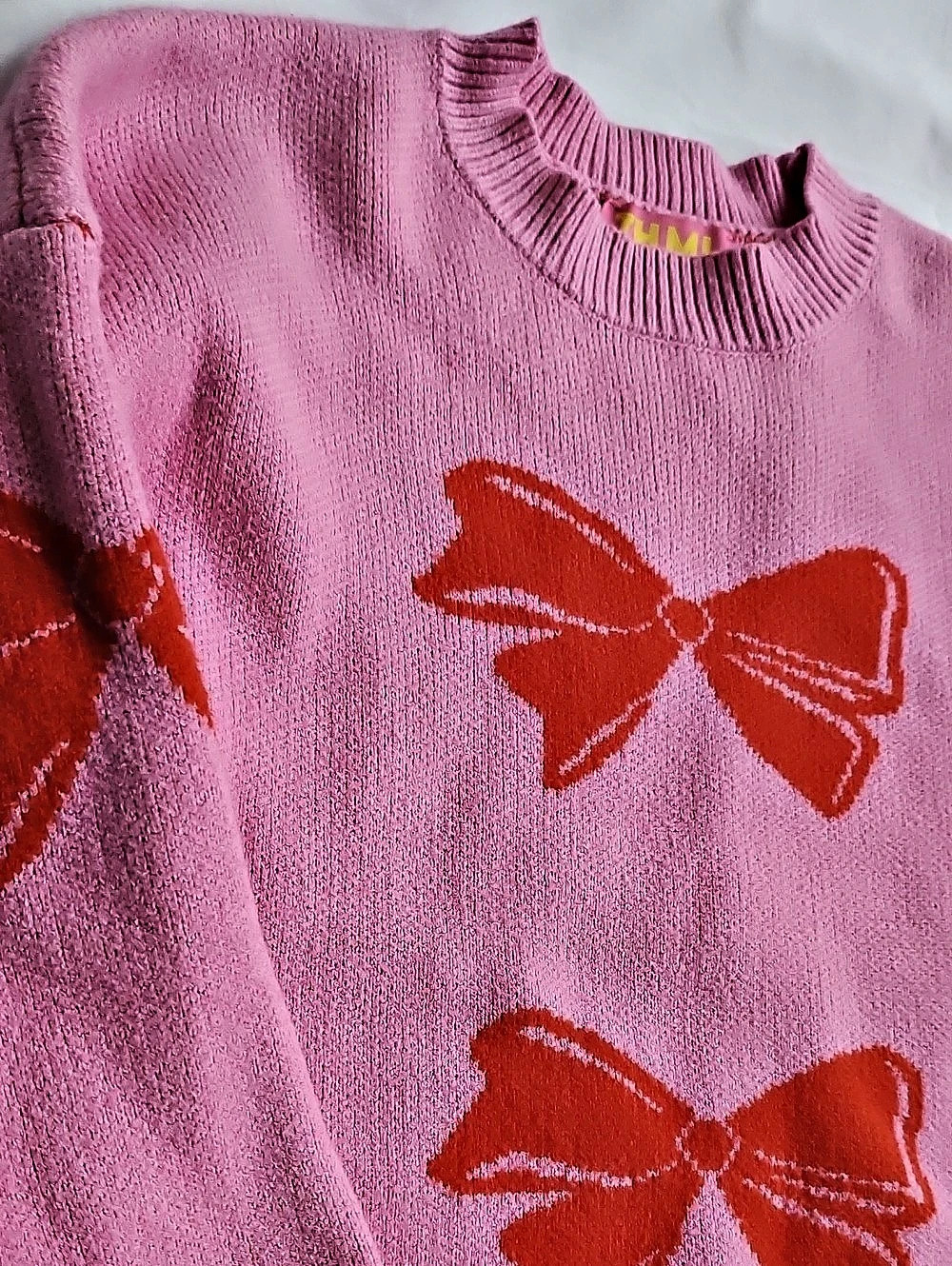THML Pink & Red Bow Print Long Sleeve Knit Sweater Size XS